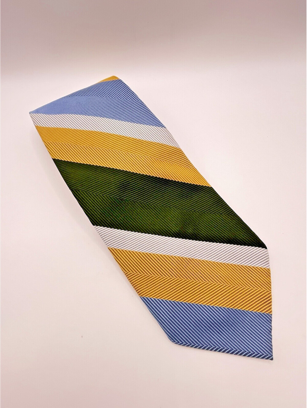 Vintage Dacron Tie Necktie Retro Striped Green Gold Blue 3.5"x52" T1127